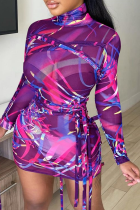 Purple Sexy Print Mesh Turtleneck Pencil Skirt Dresses