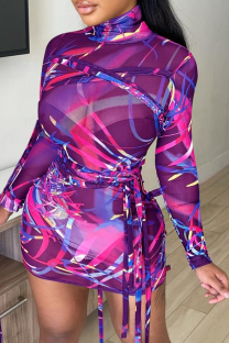 Purple Sexy Print Mesh Turtleneck Pencil Skirt Dresses