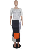 Grey Fashion Casual adult Grey Cap Sleeve Short Sleeves O neck A-Line Ankle-Length Striped Print Patchwork Dresses