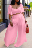 Pink Fashion Casual Solid Basic Square Collar Short Sleeve Two Pieces
