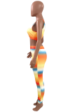 Tangerine Red Sexy Striped Patchwork O Neck Sleeveless Two Pieces