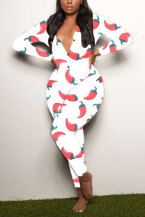 Red Living Print V Neck Skinny Jumpsuits