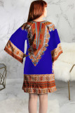 Blue Health cloth Sexy Bat sleeve 3/4 Length Sleeves V Neck Princess Dress Knee-Length Broken flowers Pat