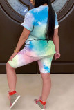 Multi-color Casual Print Straight Short Sleeve Two Pieces