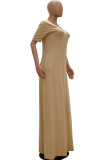 Black Fashion Casual Red Black Khaki Yellow Sky Blue Lake Blue Cap Sleeve Short Sleeves V Neck Swagger Floor-Length Solid Dresses