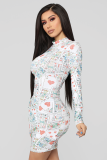 Grey Fashion Sexy Cap Sleeve Long Sleeves O neck Step Skirt Knee-Length Patchwork Print 