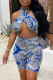 Blue Fashion Sexy Print Hollowed Out Backless Halter Skinny Romper