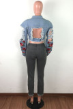 Grey Street Print Embroidered Patchwork Mid Waist Regular Denim (Without Belt)