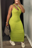 Red Sexy Casual Solid Hollowed Out Fold One Shoulder Sleeveless Dress