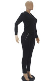 Black Fashion Casual Adult Solid Pocket Hooded Collar Long Sleeve Regular Sleeve Regular Two Pieces
