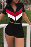 Rose Red Fashion Casual Patchwork Basic Zipper Collar Short Sleeve Two Pieces