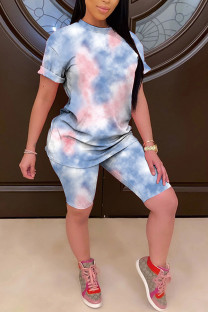 Powder blue Fashion Casual adult Patchwork Tie Dye Two Piece Suits pencil Short Sleeve Two Pieces