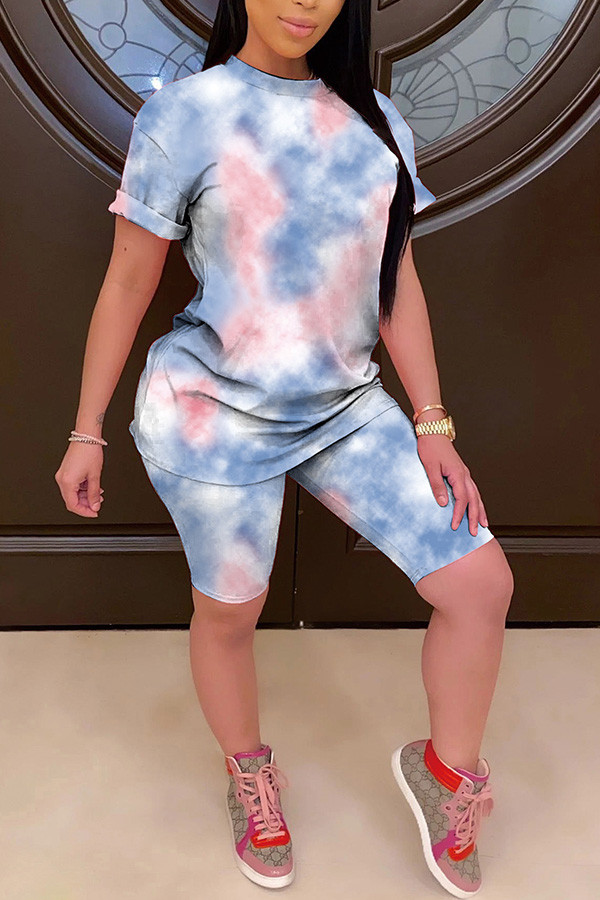 Powder blue Fashion Casual adult Patchwork Tie Dye Two Piece Suits pencil Short Sleeve Two Pieces
