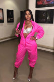 rose red Zipper Fly Mid Solid Loose Capris Jumpsuits & Rompers
