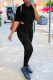 Black Casual Solid Patchwork Hooded Collar Short Sleeve Two Pieces
