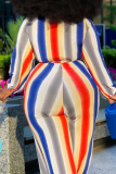 Red Casual Striped Patchwork V Neck Plus Size Jumpsuits