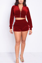 Wine Red Active Casual Europe and America Patchwork Solid Zippered Straight Long Sleeve Two Pieces