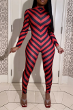 Red Casual Striped Patchwork Half A Turtleneck Skinny Jumpsuits