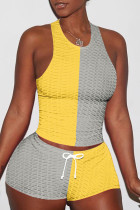 Yellow Casual Sportswear Patchwork Basic O Neck Sleeveless Two Pieces