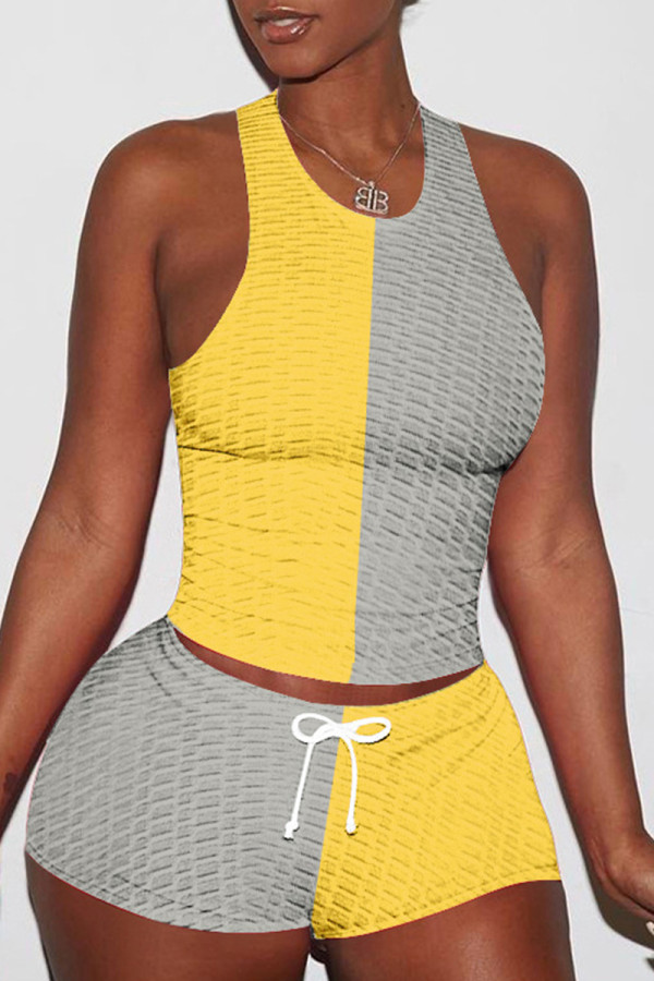 Yellow Casual Sportswear Patchwork Basic O Neck Sleeveless Two Pieces
