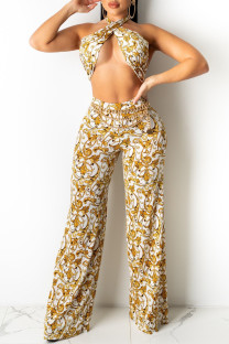 Yellow Fashion Sexy Print Bandage Backless Halter Sleeveless Two Pieces (Without Waist Chain)