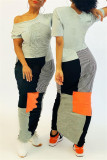 Grey Fashion Short Sleeve Patchwork Long Dress