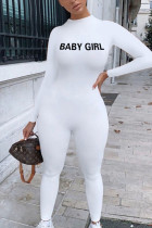 White British Style Print Solid O Neck Skinny Jumpsuits