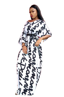 White Casual 3/4 Length Sleeves V Neck A-Line Ankle-Length Print Dresses