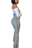Navy Blue Fashion Sexy adult Ma'am Plaid Patchwork Solid Two Piece Suits Boot Cut Long Sleeve Two Pieces