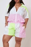 Pink Fashion Casual adult Ma'am Turndown Collar Patchwork Two Piece Suits Stitching Plus Size