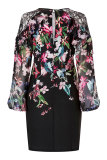 Black Fashion Long Sleeves O neck Straight Mini lace Patchwork Print 