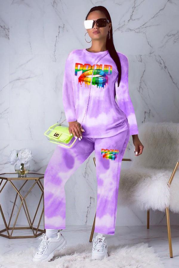 purple Active Print Straight Long Sleeve Two-piece Pants Set