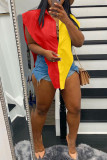 Red Yellow Fashion Casual Patchwork Asymmetrical Turndown Collar Tops