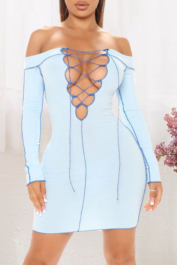 Light Blue Casual Solid Hollowed Out Off the Shoulder Pencil Skirt Dresses