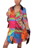 Red British Style Print Turndown Collar Long Sleeve Knee Length Dresses