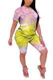 Powder blue Fashion Casual adult Patchwork Print Tie Dye Gradient Two Piece Suits pencil Short Sleeve Two Pieces