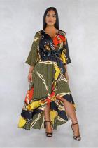 Gold Fashion adult Casual Sleeve 3/4 Length Sleeves V Neck Swagger Ankle-Length Print hollow ou
