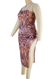Pink Sexy Print High Opening One Shoulder Irregular Dress Plus Size Dresses