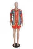 Red Casual Fashion Cap Sleeve Long Sleeves Turndown Collar Straight Mini Striped Print Long S