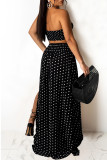 Red Fashion Sexy Dot Print Backless Slit Strapless Sleeveless Two Pieces