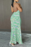 Red Fashion Sexy Print Backless Slit Halter Sleeveless Dress