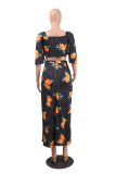Black Sexy Print Patchwork V Neck Long Sleeve Two Pieces