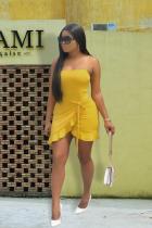 Yellow Sexy adult Fashion Street Spaghetti Strap Sleeveless Slip Asymmetrical split ruffle Solid