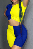 Blue Yellow Fashion Casual Patchwork Basic O Neck Short Sleeve Two Pieces