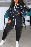 Black Fashion Casual Print Basic Hooded Collar Long Sleeve Regular Sleeve Regular Two Pieces