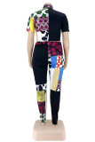 Black Fashion Casual Print Basic Half A Turtleneck Plus Size Two Pieces