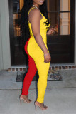 Yellow Red Fashion Sexy Letter Print Patchwork Backless Fold O Neck Skinny Jumpsuits