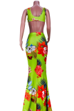 Mint green Sexy Print Patchwork V Neck Sleeveless Two Pieces