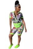 Multi-color Casual Fashion asymmetrical Print Zippered Floral Regular Two-Piece Short Set