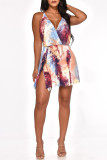Purple Sexy Gradual Change Print Patchwork Backless V Neck A Line Dresses